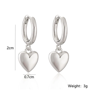Silver heart hoop earrings with dimensions showing 2cm height and 0.7cm width