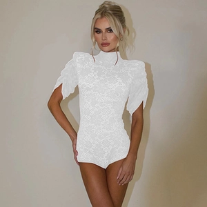 White lace short sleeve bodysuit for women with a high collar and slim fit silhouette