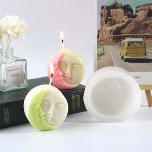 Macro detail of sun and moon face silicone candle mold with finished colorful DIY crafts