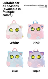 Grid view of cute cat shaped eggshell backpacks in white pink blue and purple colors