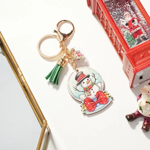Porte-clés Bonhomme de Neige Boule à Neige de Noël Avec Gland et Paillettes Étoiles Pendentif en Bois Imprimé Décoration de Sac
