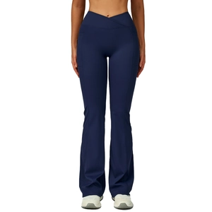 Pantalon de yoga évasé à taille haute croisée avec poches latérales en bleu marine
