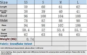 Tableau des tailles pour blazer effet daim avec mesures de poitrine et de longueur en cm