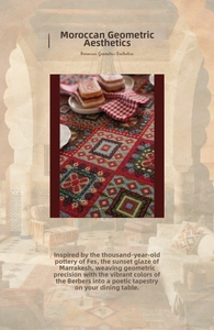 Close-up of Moroccan geometric jacquard tablecloth featuring colorful Berber weave patterns