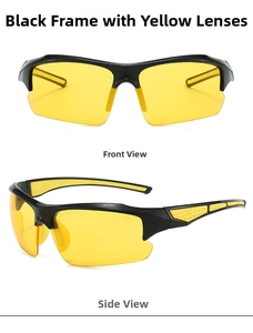 Front and side views of black sports sunglasses with yellow temples and night vision lenses