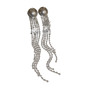 Elegant long tassel earrings with faux pearls and silver rhinestones for formal evening wear
