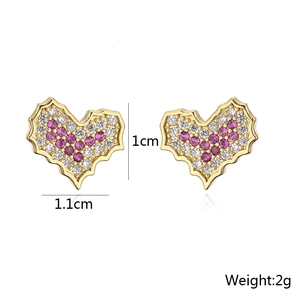 Detailed view of 18K gold plated heart earrings with white and pink zircon, size 1.1x1cm