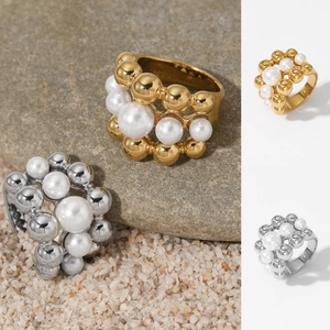 Stainless Steel Artificial Pearl Ring Women Wide Multi Layer Cluster Geometric Bubble Style Luxury Jewelry