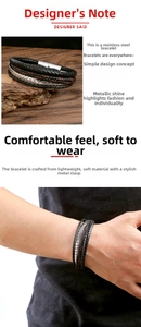 Detail of multi-layer braided leather bracelet with stainless steel magnetic clasp for men