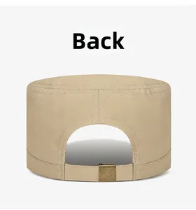 Detail view of khaki quick-dry flat top cap with adjustable metal buckle at the back