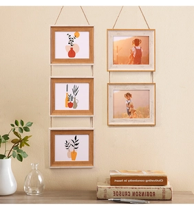 Hanging wooden photo frame set with natural wood grain and rustic jute rope accents