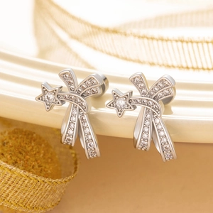 Boucles d'oreilles luxe étoile et ruban en argent avec zircon sur platine céramique