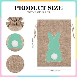 24 PCS Happy Easter burlap gift bags with mint bunny silhouettes and fluffy pom-pom tails