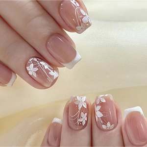 Nude Pink French Press On Nails White Floral Glossy Square Artificial Fingernails Sweet Elegant Style For Women