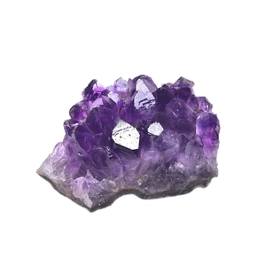 Natural purple amethyst cluster raw crystal mineral specimen on white background