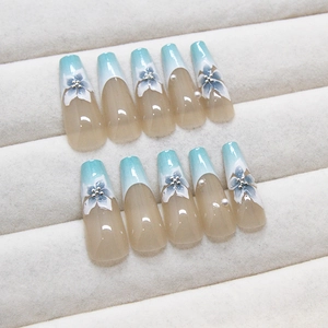 Handmade ballerina press-on nails with blue gradient, 3D floral art and pearl accents