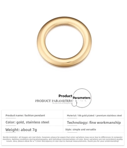 Detailed specs of minimalist 18K gold plated stainless steel ring pendant, 7g weight