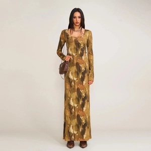 Long Sleeve Maxi Dress Camouflage Print Ribbed Knit Polyester Modal Slim Fit Streetwear Vintage Bodycon For Women
