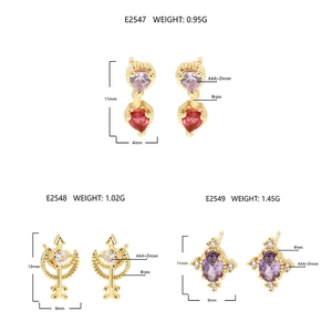 Detail specifications of heart, moon, and oval AAA zircon 18k gold plated brass earrings