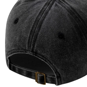 Faded grey washed cotton baseball cap with adjustable metal buckle on white background