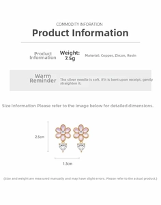 Detail showing pink resin flower earrings with heart zircon and 2.5cm height dimension