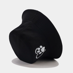 Classic black bucket hat with white paw print logo, stylish sun protection outdoor cap