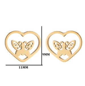 Detailansicht der 9x11mm hohlen Herz-Schmetterlings-Ohrstecker in Gold mit Maßen