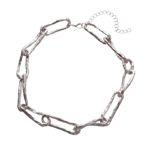 Chunky silver chain necklace with irregular hammer texture and minimalist geometric design
