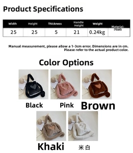 Specifiche dimensioni e colori per borsa a cuore in peluche nero rosa marrone beige