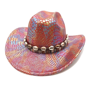Macro view of colorful western cowboy hat with reflective snake pattern and shell headband