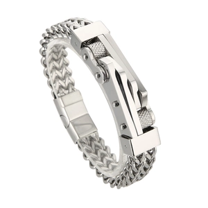 Silver stainless steel bike chain bracelet with rock hip-hop style on white background