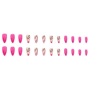 Almond-shaped press-on nails featuring vibrant barbie pink and flowing wavy line patterns