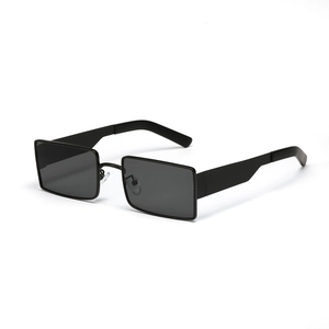 Vintage rectangular metal sunglasses with black frame and dark grey lenses for fashion