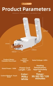 Detailed technical specifications and dimensions of the white folding shoe dryer device