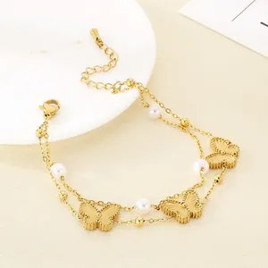Double Layer Stainless Steel Butterfly Artificial Pearl Bracelet For Women Gold Plated Elegant Fashion Jewelry Accessory Gift