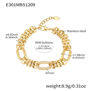 Détails et dimensions du bracelet en acier inoxydable doré avec zircons sertis