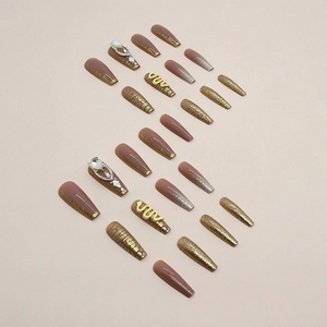 Long ballet coffin press-on nails with mocha brown finish, snake charms, and rhinestones