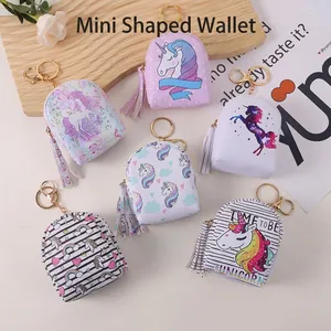 Unicorn Mini Backpack Coin Purse Keychain PU Leather Zippered Cartoon Print Tassel Earphone Cable Organizer
