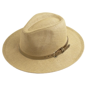 Classic khaki wide brim Panama straw hat with leather belt strap for sun protection