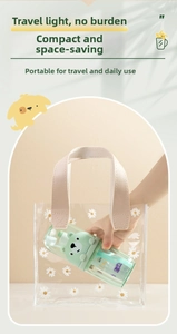 Portable light green bear-shaped travel wash storage box with daisy print tote bag