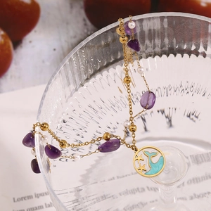 Double-layered 18K gold-plated anklet with purple natural stone, pearl, and sea dolphin charm