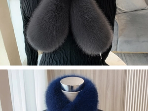 Detailed view of thick dark grey and navy blue faux fox fur scarves with dense texture