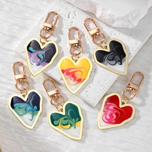 Heart Keychain Enamel Fluid Art Marble Pattern Alloy Gold Tone Boho Bag Charm Pendant Vintage Accessories