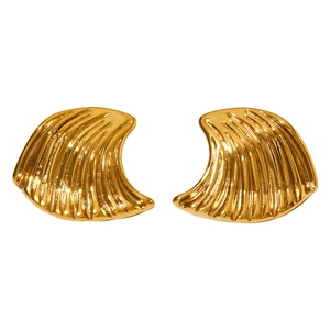 Golden fan-shaped titanium steel earrings featuring vintage wave textures and glossy finish