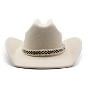 Classic cream wool felt cowboy hat featuring a black and white plaid ribbon with frayed edges
