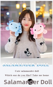 Detail of pink and blue axolotl plush toys with embroidered faces and soft fur