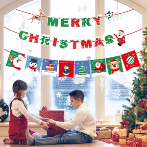 Christmas banner set with Merry Christmas letters and festive elk snowflake flags for home decor
