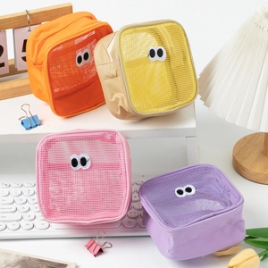 Cute mesh makeup bag set with googly eyes embroidery in bright colors for travel storage