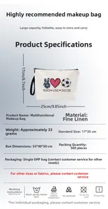 Detail view of a beige linen makeup bag with soccer graphics and 17x25cm size specs