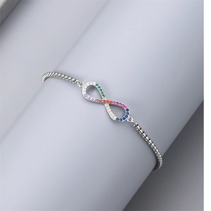 Regenbogen Unendlichkeit Armband mit bunten Zirkonias und verstellbarer Perlenkette